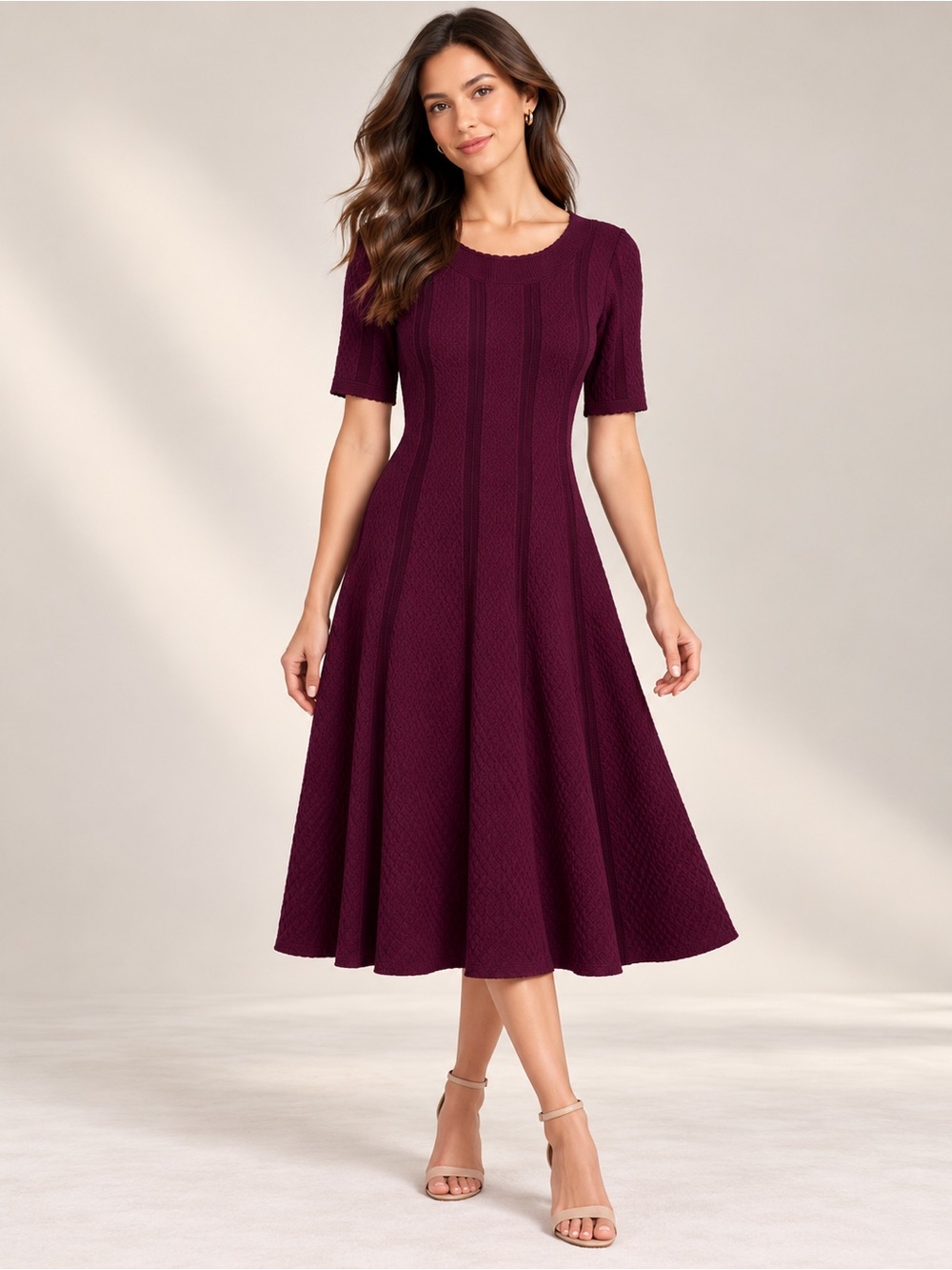 NWOT Dress Barn Plum Textured Fit-and-Flare Midi Dress